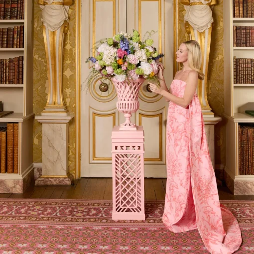 Mrs. Alice Adelaide Pink Lattice Urn & Pedestal< Vases | Vases & Planters
