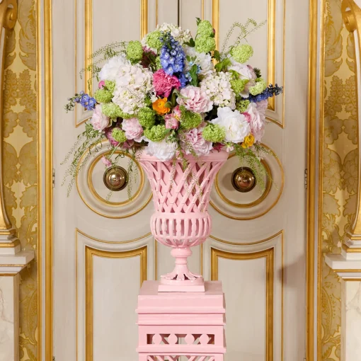 Mrs. Alice Adelaide Pink Lattice Urn & Pedestal< Vases | Vases & Planters