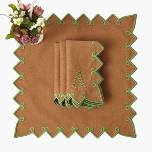 Mrs. Alice Angelina Chestnut & Green Placemats & Napkins (Set of 4)< Table Linen Sets | Mrs. Alice Monogram