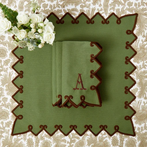 Mrs. Alice Angelina Forest Green & Brown Placemats & Napkins (Set of 4)< Table Linen Sets | Mrs. Alice Monogram