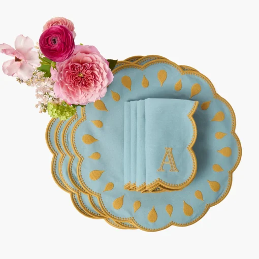 Mrs. Alice Bettina Blue & Caramel Placemats & Napkins (Set of 4)< Summer Table Linen | Table Linen Sets