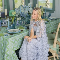 Mrs. Alice Blue & Green Ikat Tablecloth< Summer Table Linen | Tablecloths