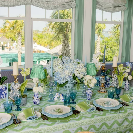 Mrs. Alice Blue & Green Ikat Tablecloth< Summer Table Linen | Tablecloths