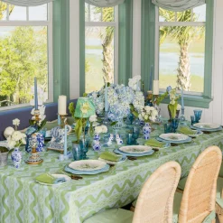 Mrs. Alice Blue & Green Ikat Tablecloth< Summer Table Linen | Tablecloths