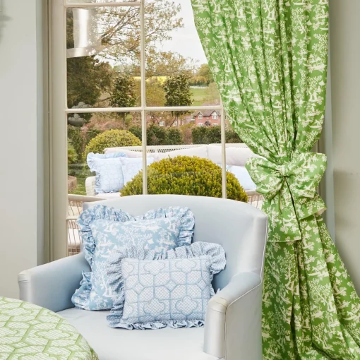 Mrs. Alice Blue Bamboo Trellis Fabric< Serena Fresson Fabrics