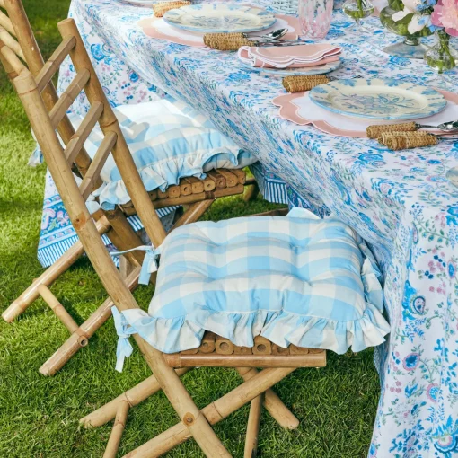 Mrs. Alice Blue Gingham Ruffle Seat Pad Cushion< Cushions