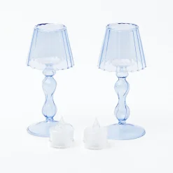 Mrs. Alice Blue Glass Lantern Tea Light Holder (Pair) - 18 cm< Summer Candleware | Candle Holders