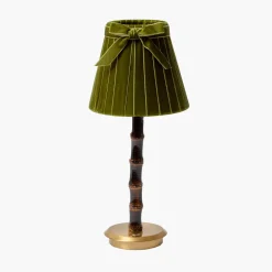 Mrs. Alice Burnt Bamboo Rechargeable Lamp with Olive Velvet Bow Shade (18cm)< Rechargeable Table Lamps