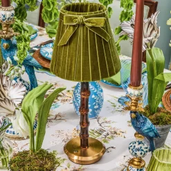 Mrs. Alice Burnt Bamboo Rechargeable Lamp with Olive Velvet Bow Shade (18cm)< Rechargeable Table Lamps