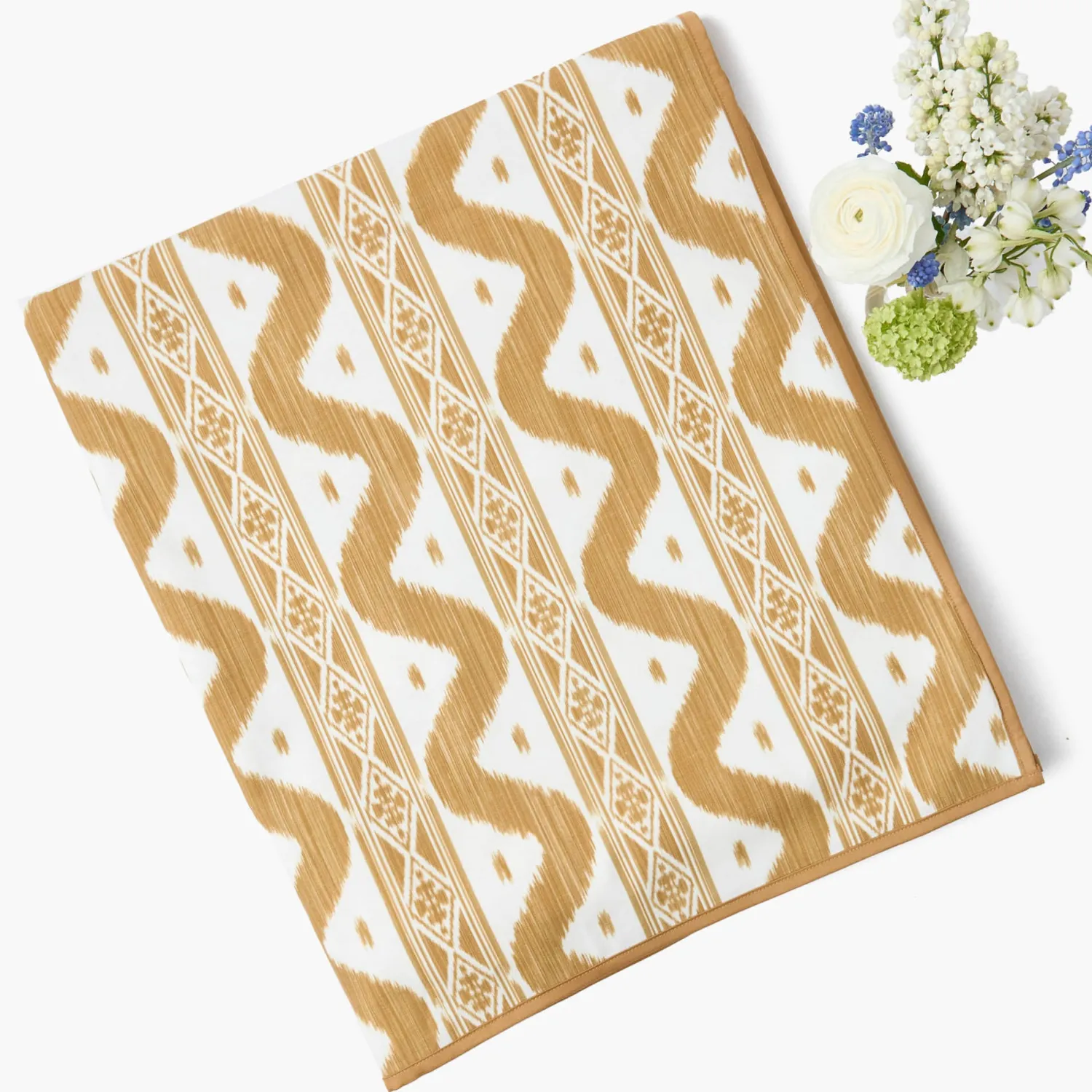 Mrs. Alice Caramel Ikat Tablecloth< Summer Table Linen | Tablecloths