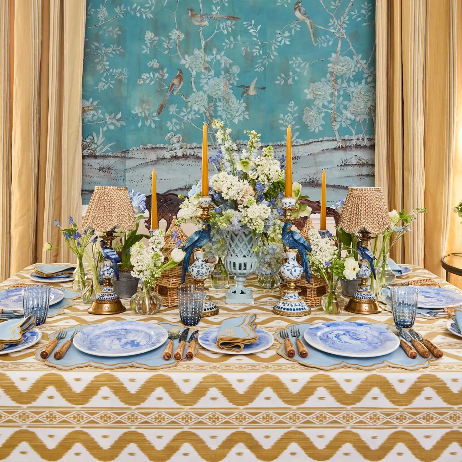 Mrs. Alice Caramel Ikat Tablecloth< Summer Table Linen | Tablecloths