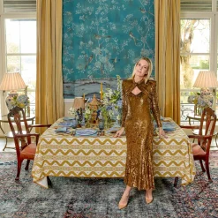 Mrs. Alice Caramel Ikat Tablecloth< Summer Table Linen | Tablecloths