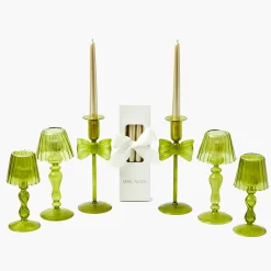 Mrs. Alice Celine Green Glass Bow Candlescape (Gold)< Candles | Candlescapes