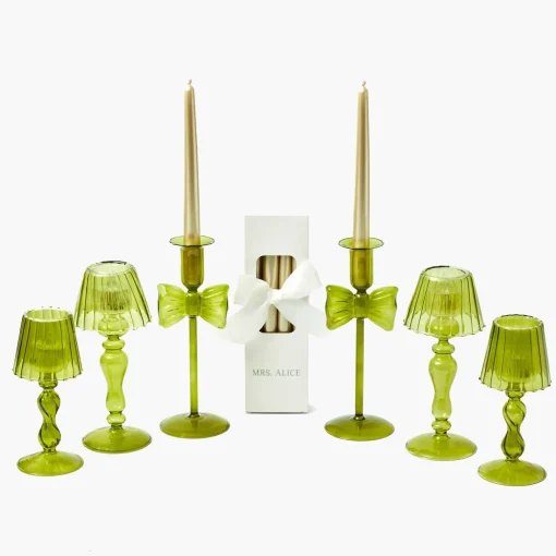 Mrs. Alice Celine Green Glass Bow Candlescape (Gold)< Candles | Candlescapes