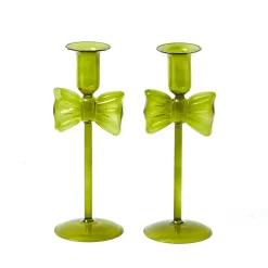 Mrs. Alice Celine Green Glass Bow Candle Holder (Pair)< Candle Holders
