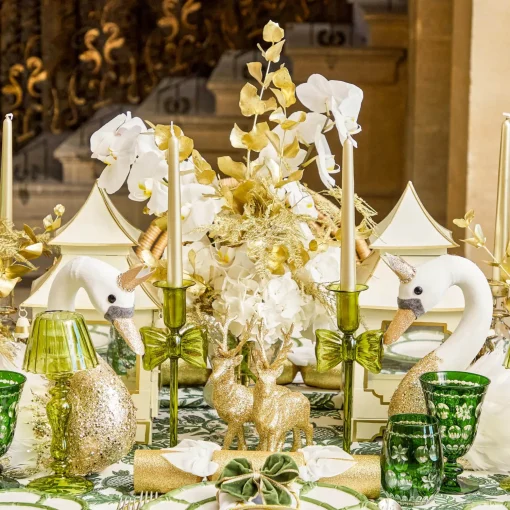 Mrs. Alice Celine Green Glass Bow Candlescape (Gold)< Candles | Candlescapes