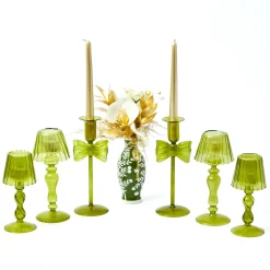 Mrs. Alice Celine Green Glass Bow Candlescape (Gold)< Candles | Candlescapes
