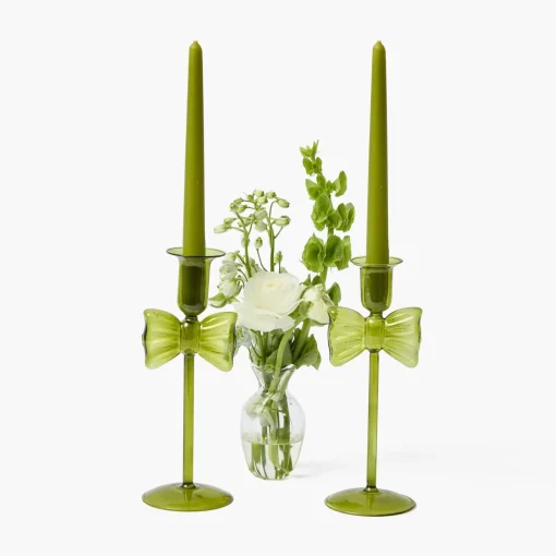 Mrs. Alice Celine Green Glass Bow Candle Holder (Pair)< Candle Holders