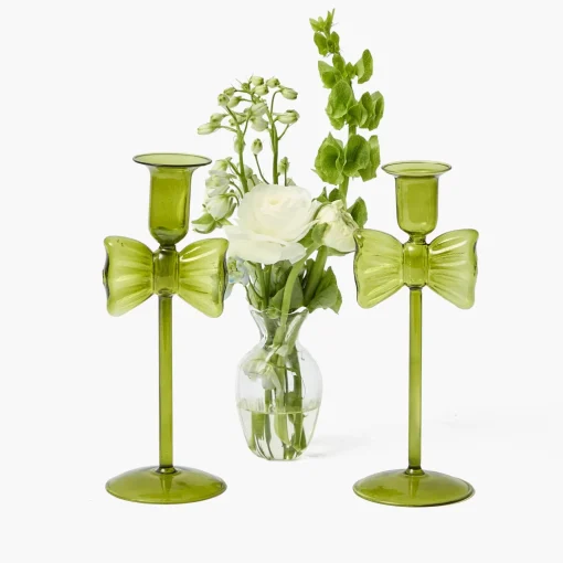 Mrs. Alice Celine Green Glass Bow Candle Holder (Pair)< Candle Holders