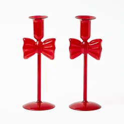 Mrs. Alice Celine Red Glass Bow Candle Holder (Pair)< Candle Holders