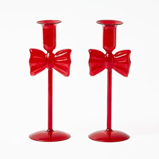Mrs. Alice Celine Red Glass Bow Candle Holder (Pair)< Candle Holders
