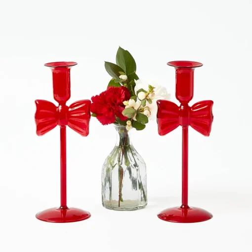 Mrs. Alice Celine Red Glass Bow Candle Holder (Pair)< Candle Holders