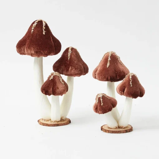 Mrs. Alice Chocolate Glitter Velvet Mushroom (Pair) - 25cm< Autumn Decorations