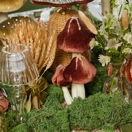 Mrs. Alice Chocolate Glitter Velvet Mushroom (Pair) - 25cm< Autumn Decorations