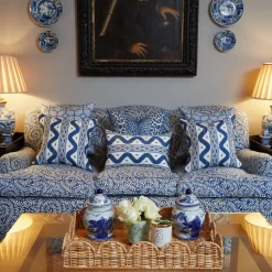 Mrs. Alice Cobalt Blue Ikat Stripe Fabric< Serena Fresson Fabrics