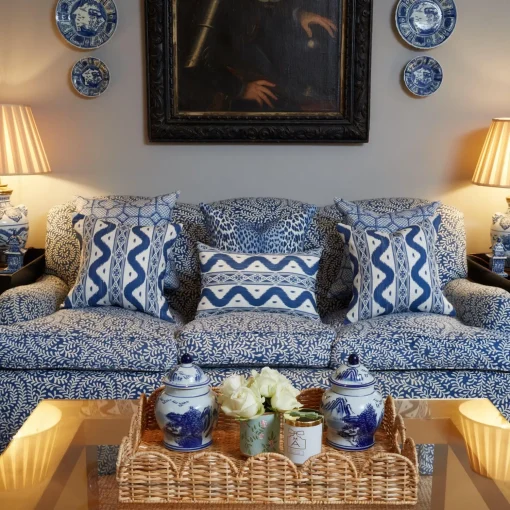 Mrs. Alice Cobalt Blue Ikat Stripe Fabric< Serena Fresson Fabrics