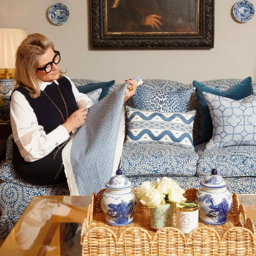 Mrs. Alice Cobalt Blue Lotus Flower Fabric< Serena Fresson Fabrics
