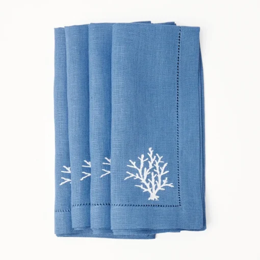 Mrs. Alice Coral Blue Linen Napkins (Set of 4)< Summer Table Linen | Napkins