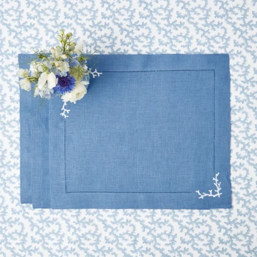 Mrs. Alice Coral Blue Linen Placemats (Set of 4)< Summer Table Linen | Placemats