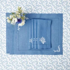 Mrs. Alice Coral Blue Linen Placemats & Napkins (Set of 4)< Summer Table Linen | Table Linen Sets