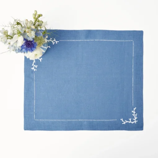 Mrs. Alice Coral Blue Linen Placemats (Set of 4)< Summer Table Linen | Placemats