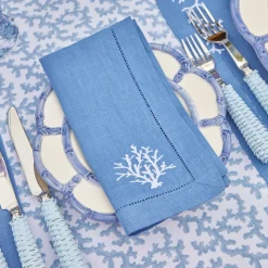 Mrs. Alice Coral Blue Linen Placemats & Napkins (Set of 4)< Summer Table Linen | Table Linen Sets