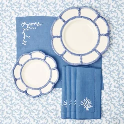 Mrs. Alice Coral Blue Linen Placemats & Napkins (Set of 4)< Summer Table Linen | Table Linen Sets