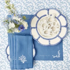 Mrs. Alice Coral Blue Linen Placemats & Napkins (Set of 4)< Summer Table Linen | Table Linen Sets