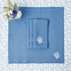 Mrs. Alice Coral Blue Linen Placemats & Napkins (Set of 4)< Summer Table Linen | Table Linen Sets