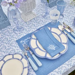 Mrs. Alice Coral Blue Linen Placemats & Napkins (Set of 4)< Summer Table Linen | Table Linen Sets