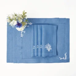 Mrs. Alice Coral Blue Linen Placemats (Set of 4)< Summer Table Linen | Placemats