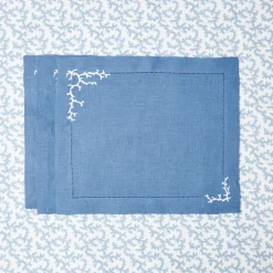 Mrs. Alice Coral Blue Linen Placemats & Napkins (Set of 4)< Summer Table Linen | Table Linen Sets