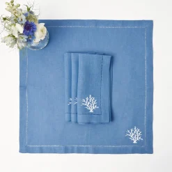 Mrs. Alice Coral Blue Linen Placemats & Napkins (Set of 4)< Summer Table Linen | Table Linen Sets