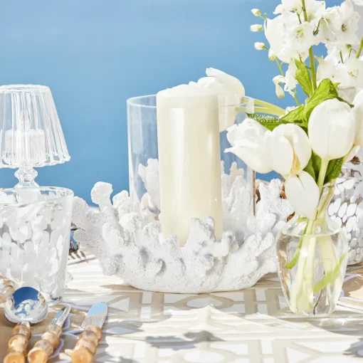 Mrs. Alice Coral Hurricane Lantern< Summer Glassware | Summer Candleware