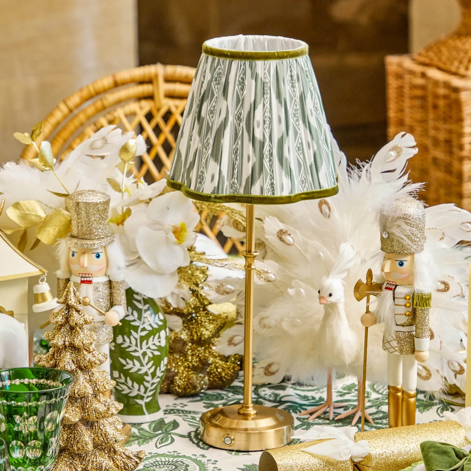 Mrs. Alice Edie Tall Rechargeable Lamp with Olive Green Ikat Shade (18cm)< Rechargeable Table Lamps