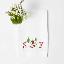Mrs. Alice Embroidered Skier White Linen Hand Towel< Mrs. Alice Monogram | Monogrammable Gifts