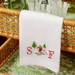 Mrs. Alice Embroidered Skier White Linen Hand Towel< Mrs. Alice Monogram | Monogrammable Gifts