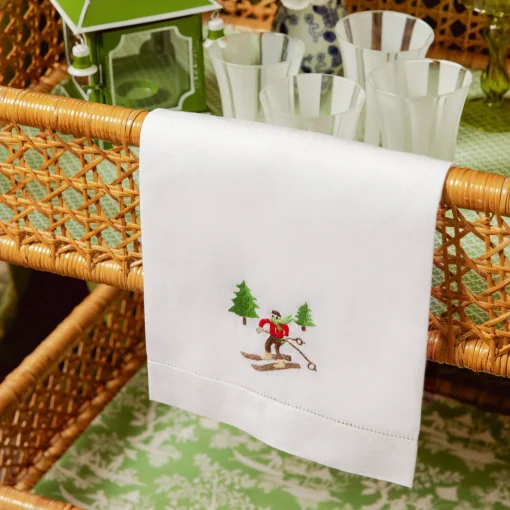 Mrs. Alice Embroidered Skier White Linen Hand Towel< Mrs. Alice Monogram | Monogrammable Gifts