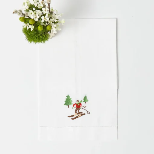 Mrs. Alice Embroidered Skier White Linen Hand Towel< Mrs. Alice Monogram | Monogrammable Gifts