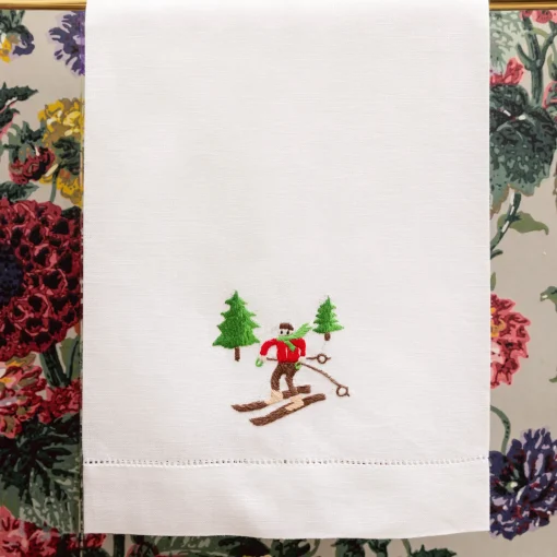 Mrs. Alice Embroidered Skier White Linen Hand Towel< Mrs. Alice Monogram | Monogrammable Gifts
